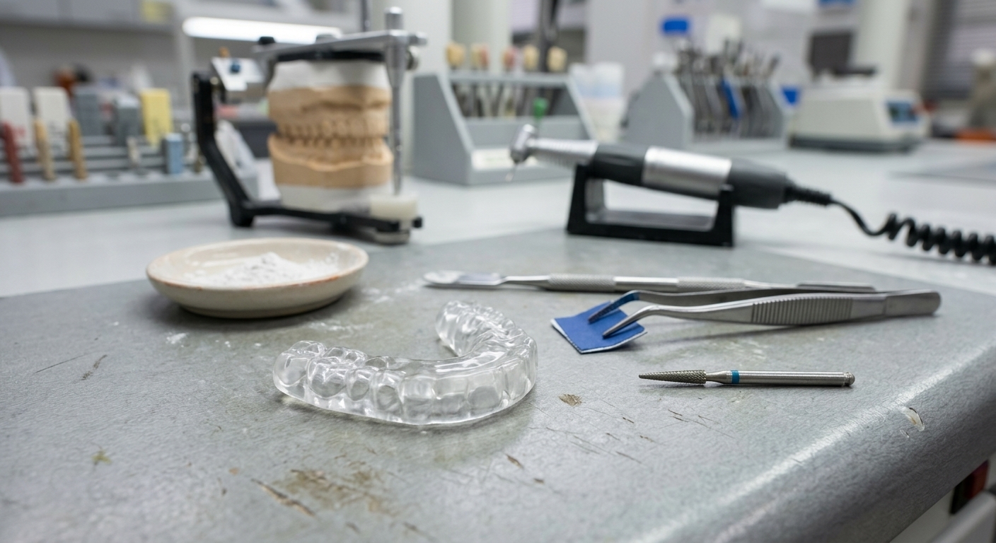 Placa oclusal em acrílico transparente sobre bancada, com articulador e modelos de gesso ao fundo, papel carbono e instrumental de ajuste